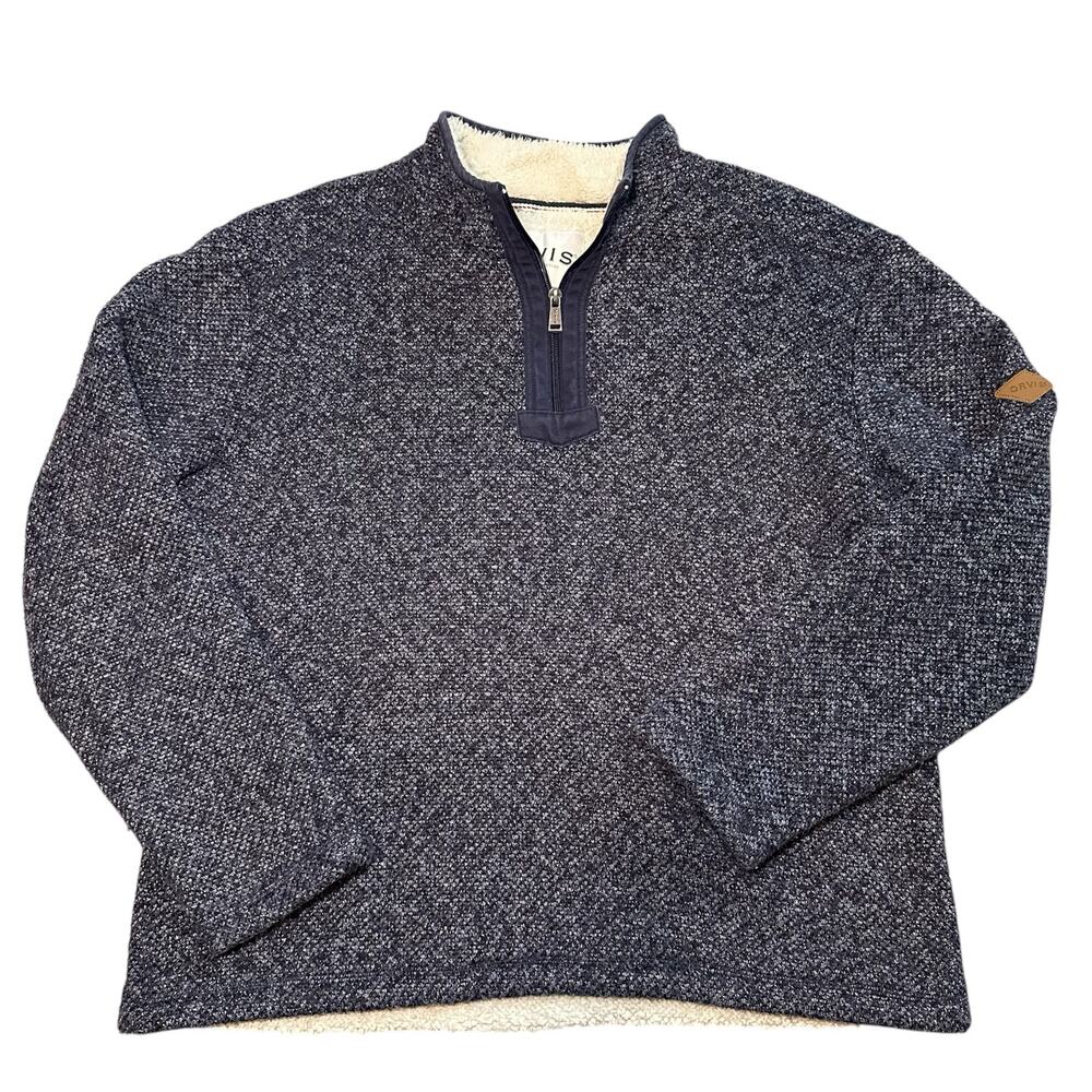 Orvis Sweater Men L Blue Sherpa Fleece Lined Heavy Pull Over 1/4 Zip Jacket Knit